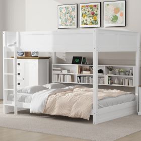 Queen over Queen Bunk Bed with Storage Cabinets and USB Ports, White