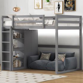 Wood Full Size Loft Bed with Built-in Wardrobe and Storage Shelves, Led light, Gray