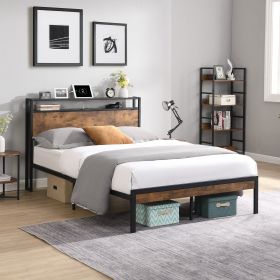 King Size Metal Platform Bed Frame with Wooden Headboard and Footboard with USB LINER, No Box Spring Needed, Large Under Bed Storage, Easy Assemb