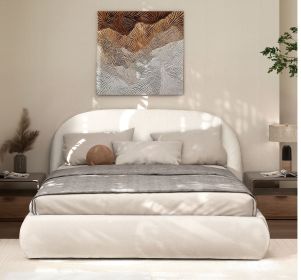 Archie Puffy Grounded Upholstered Platform Bed, Queen, Almond White