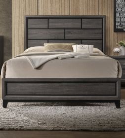 Grey Finish 1pc Queen Size Panel Bed Beautiful Wooden Bedroom Furniture Box Design Headboard FB Rubber wood Paper veneer