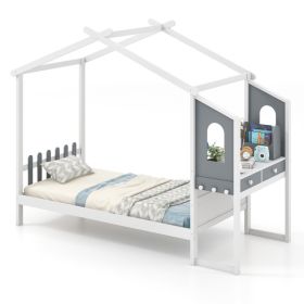 Twin/Full Bed Frame with House Roof Canopy and Fence for Kids (size: Twin Size)