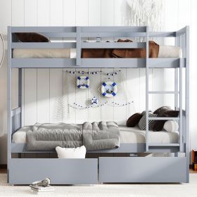 Twin Over Twin Rubber Wood Bunk Bed with 2 Drawers,Convertible into 2 Twin Beds,Twin Size Bunk Bed with Ladder and Safety Guardrails ,Grey (Color: Grey, Material: Rubber Wood)