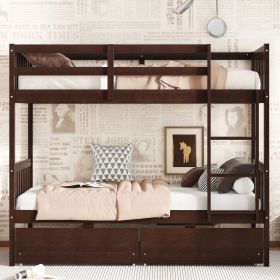 Twin Over Twin Rubber Wood Bunk Bed with 2 Drawers,Convertible into 2 Twin Beds,Twin Size Bunk Bed with Ladder and Safety Guardrails ,Grey (Color: Espresso, Material: Rubber Wood)