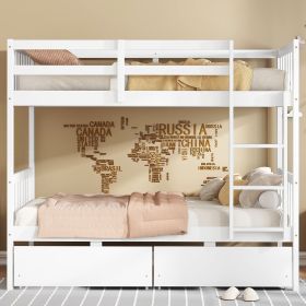 Twin Over Twin Rubber Wood Bunk Bed with 2 Drawers,Convertible into 2 Twin Beds,Twin Size Bunk Bed with Ladder and Safety Guardrails ,Grey (Color: White, Material: Rubber Wood)